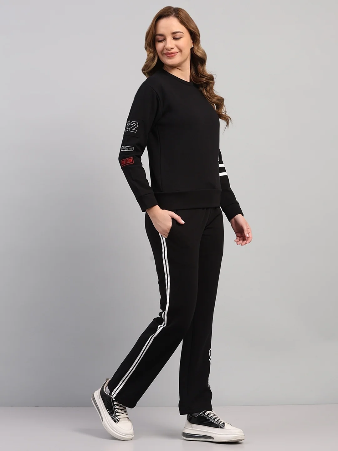 Women Black Printed Round Neck Full Sleeve Cords Set - Image 4