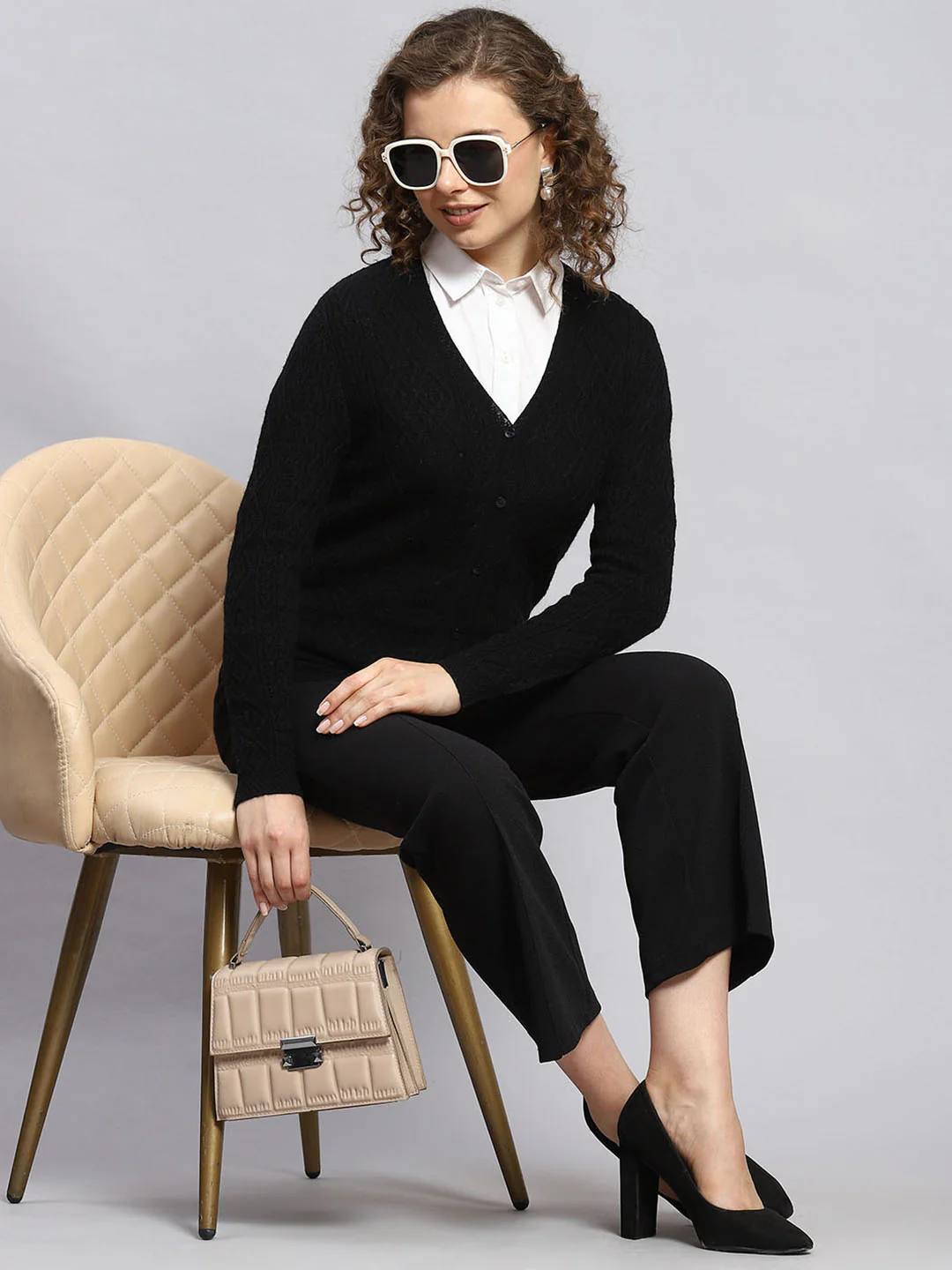 Women Black Self Cardigan