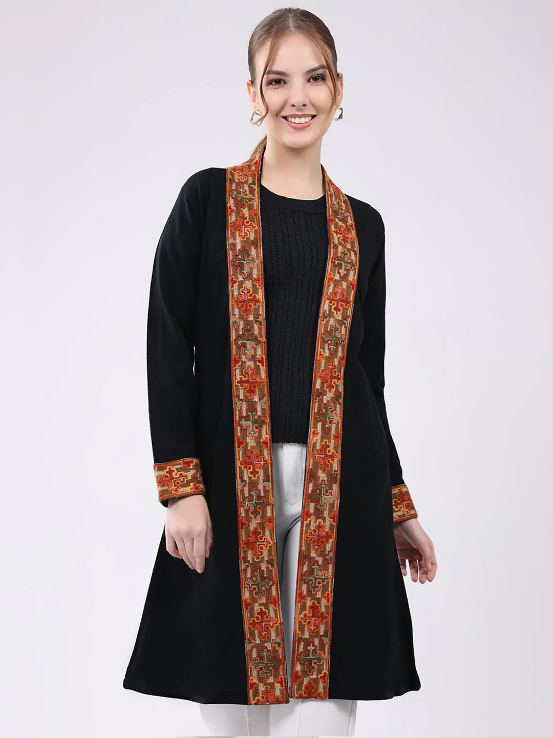 Women Black Self Design Collar Full Sleeve Cardigan