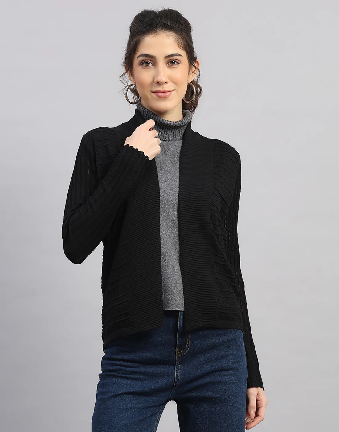 Women Black Self Design Front Open Full Sleeve Winter Top