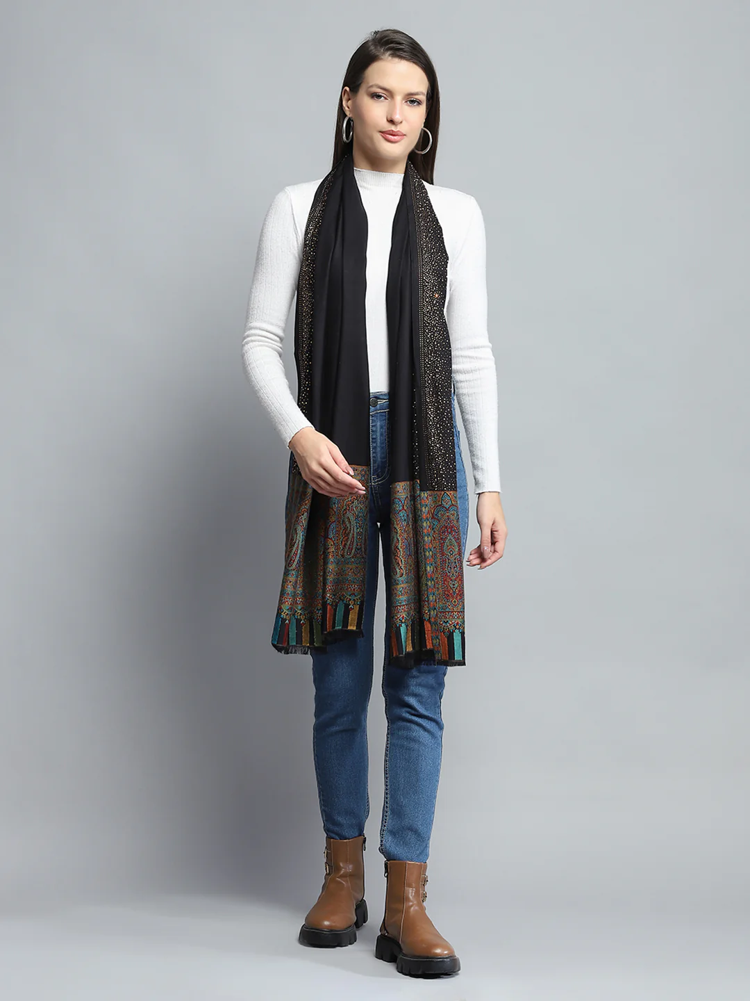 Women Black Self Design Stole