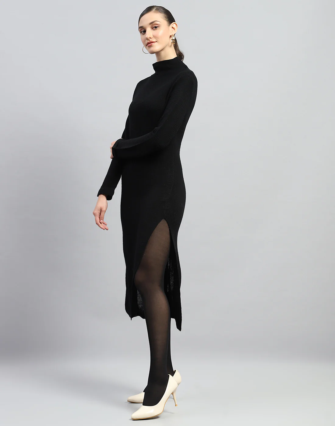 Women Black Self Design Turtle Neck Full Sleeve Dress - Image 3