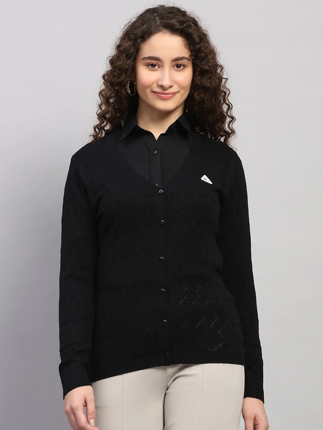 Women Black Self Design V Neck Full Sleeve Cardigan