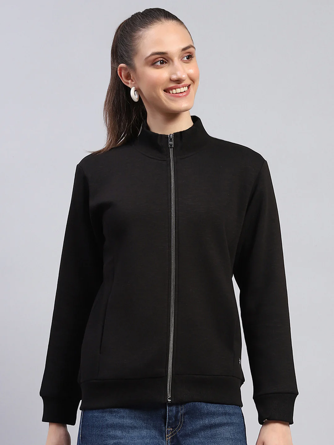 Women Black Solid Mock Neck Full Sleeve Sweatshirt
