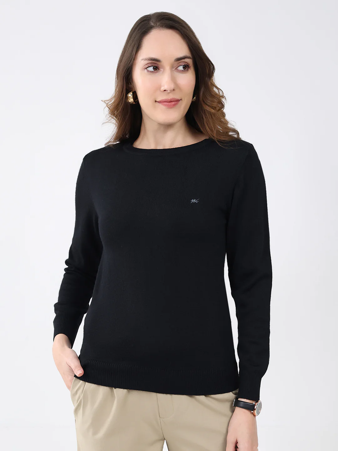Women Black Solid Round Neck Full Sleeve Winter Top