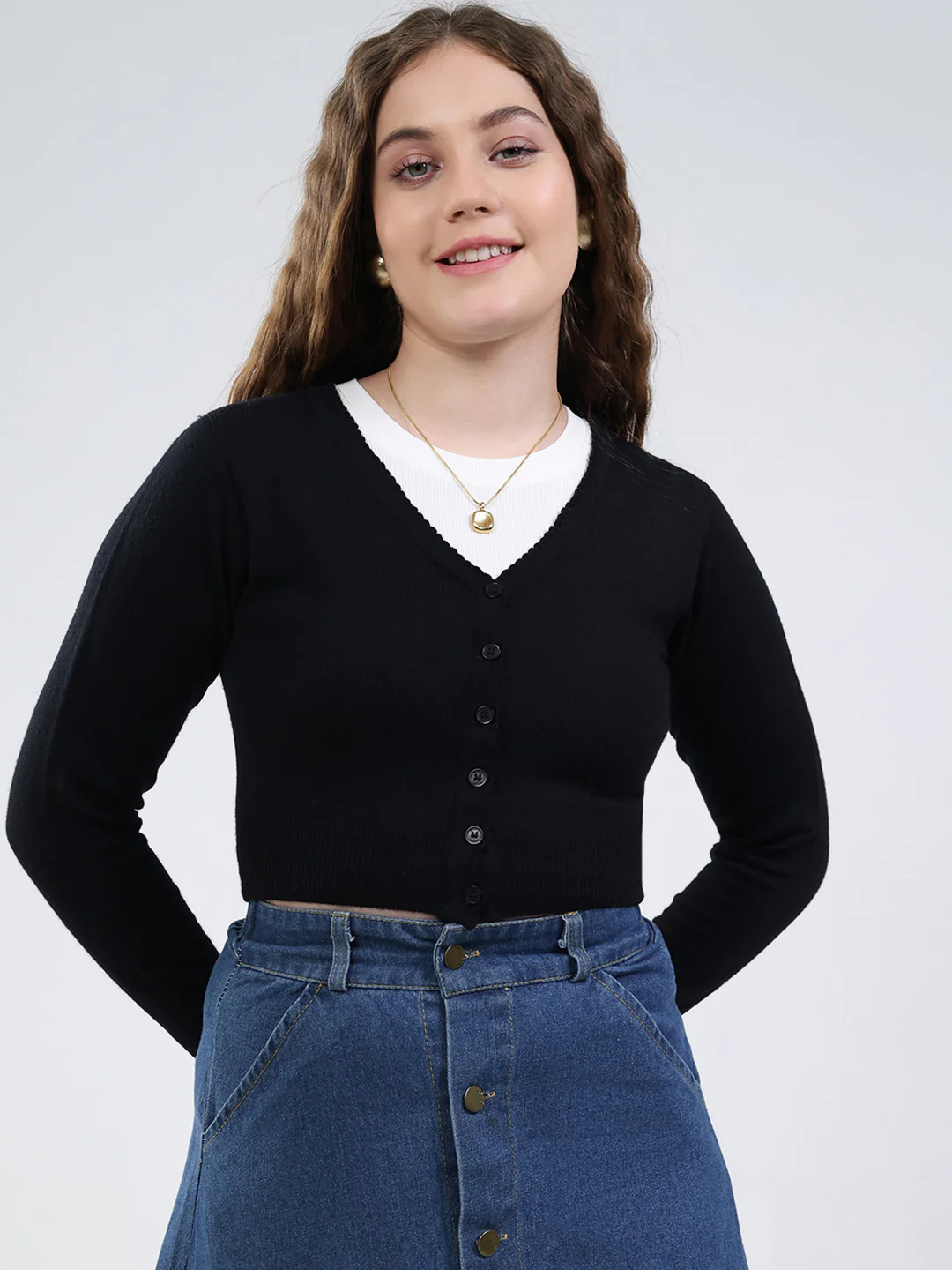 Women Black Solid V Neck Full Sleeve Cardigan