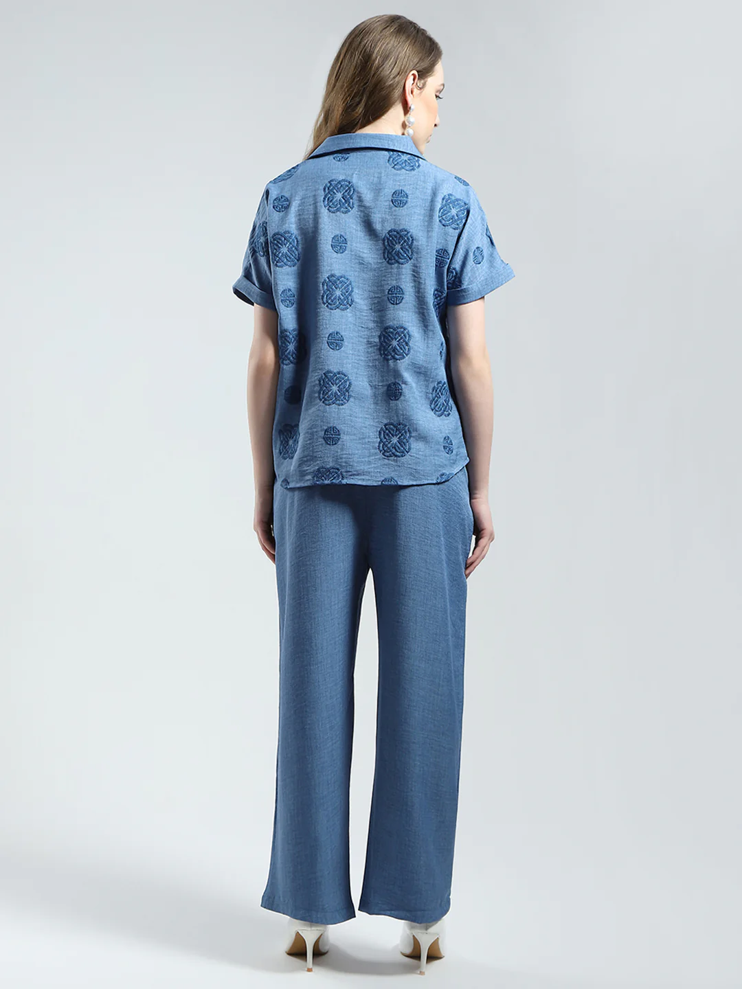 Women Blue Embroidered Collar Half Sleeve Cords Set - Image 5