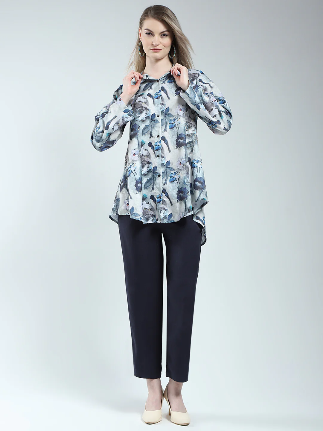 Women Blue Printed Band Neck Full Sleeve Cords Set