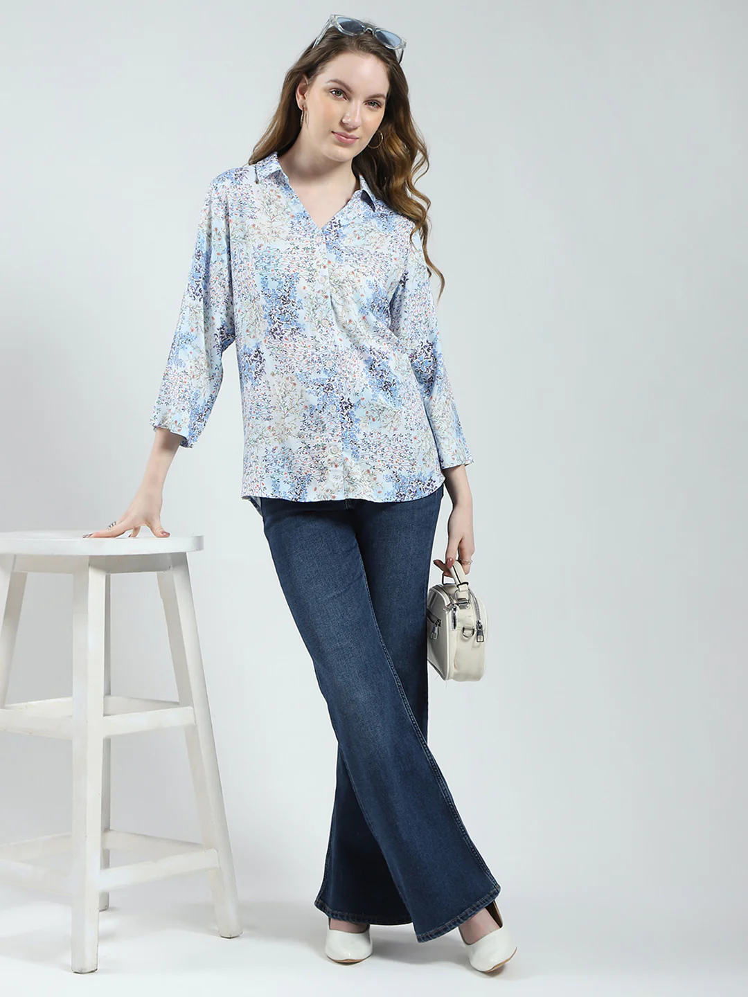 Women Blue Printed Collar 3/4th Sleeve Top - Image 2