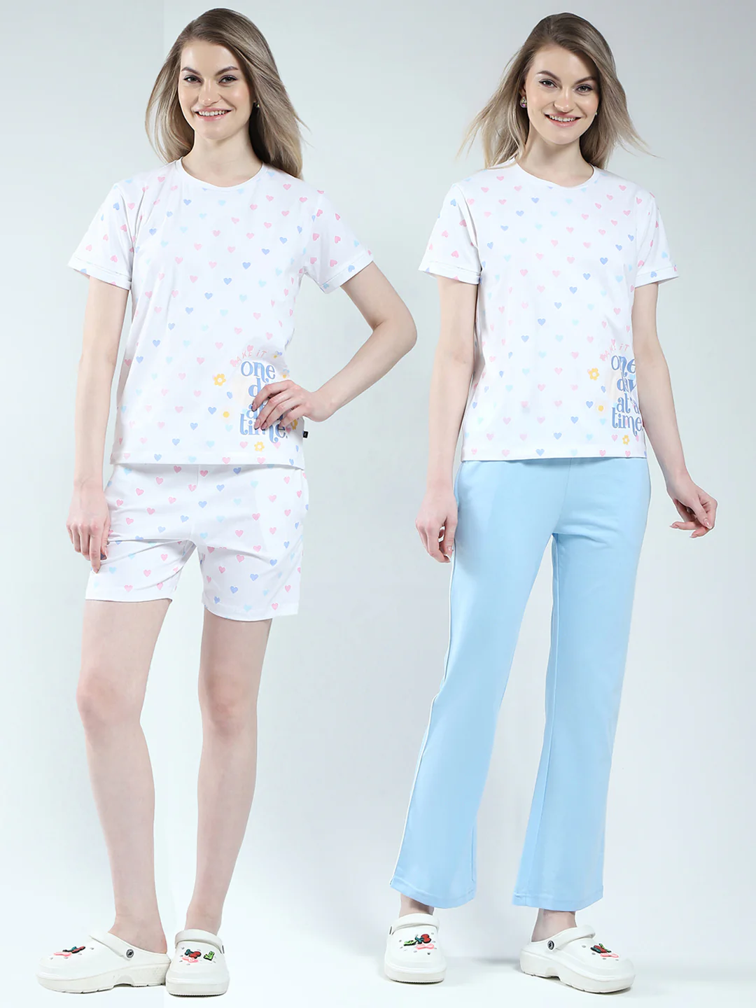 Women Blue Printed Round Neck Half Sleeve Combo Set