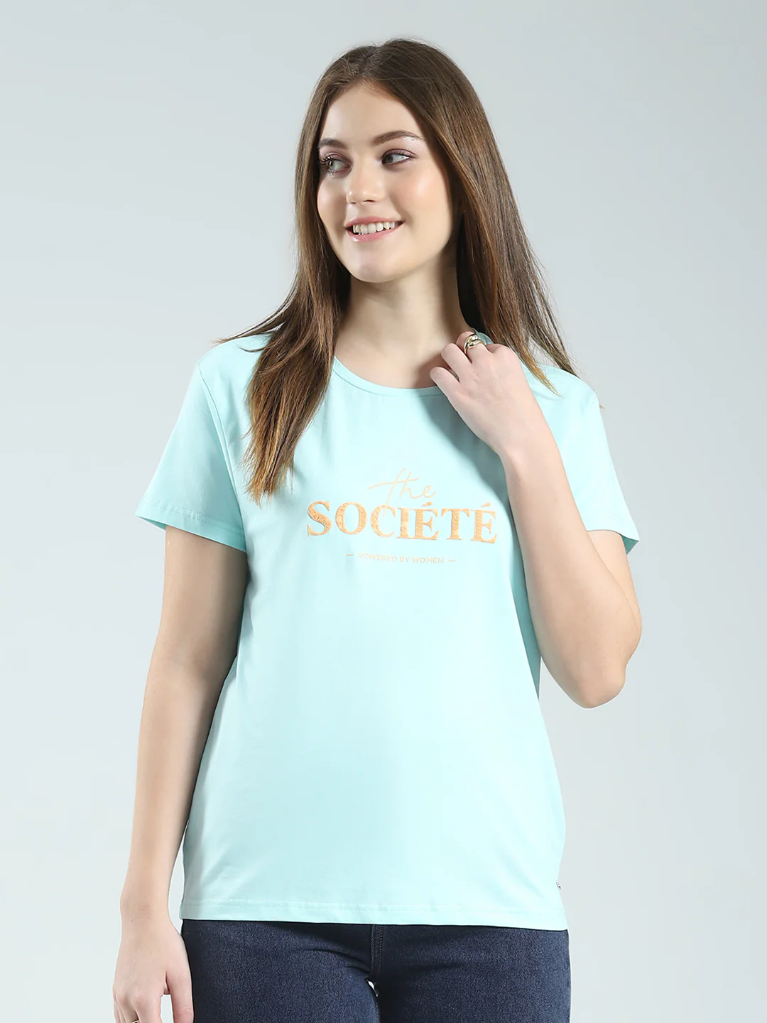 Women Blue Printed Round Neck Half Sleeve Top