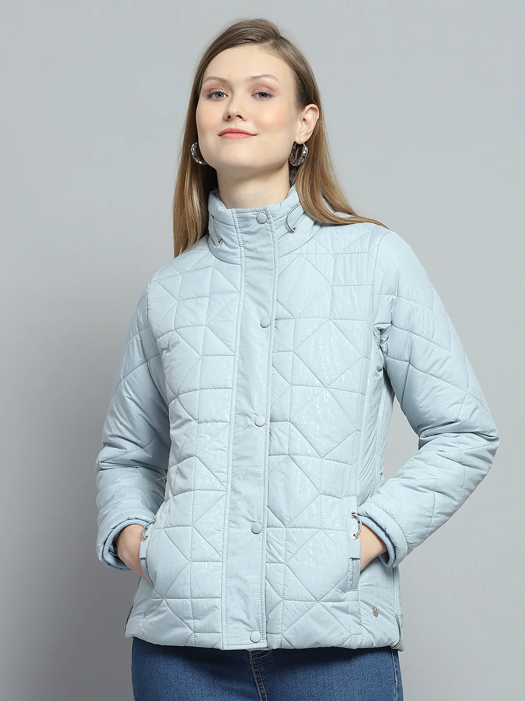 Women Blue Self Design Mock Neck Full Sleeve Jacket
