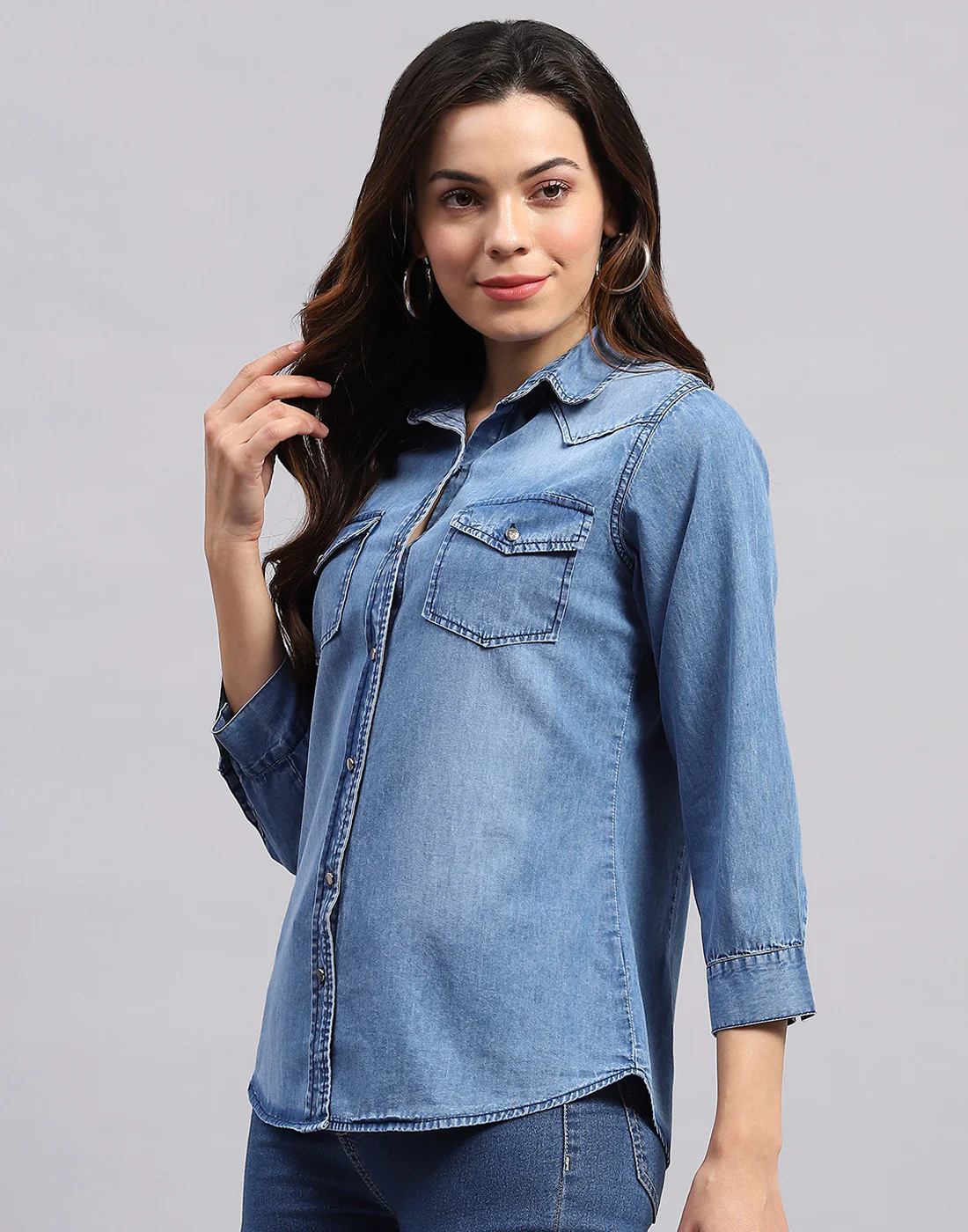 Women Blue Solid Collar 3/4 Sleeve Top
