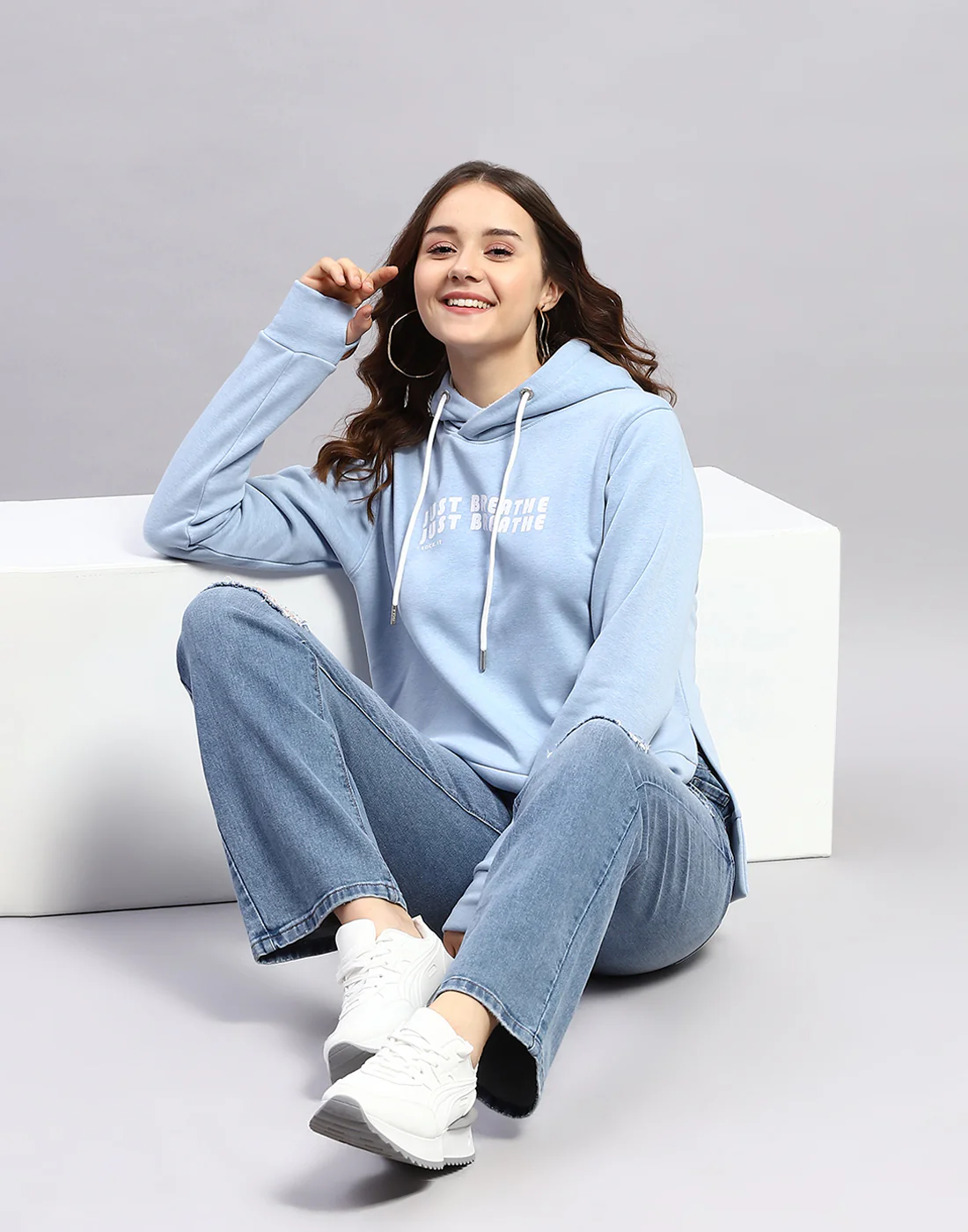 Rock.it Women Blue Solid Hooded Full Sleeve Sweatshirt