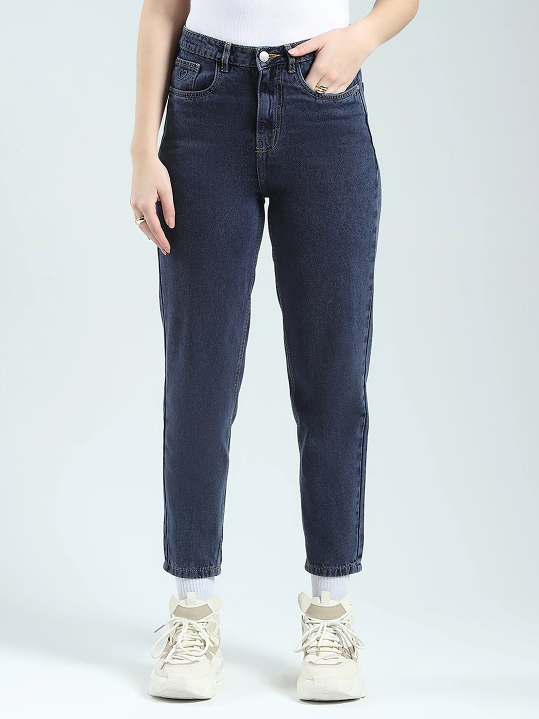Women Blue Solid Regular Fit Denim