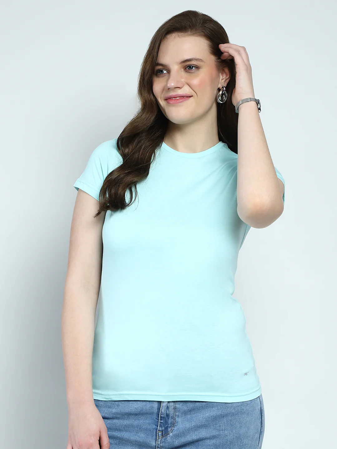 Women Blue Solid Round Neck Half Sleeve Top