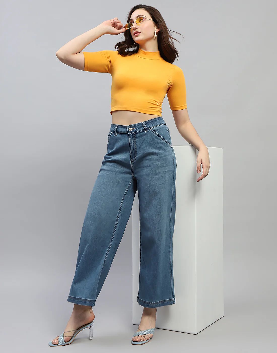 Women Blue Solid Wide Leg Denim - Image 2