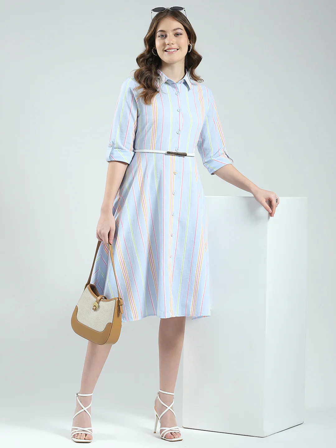 Women Blue Stripe Round Neck 3/4th Sleeve Dress - Image 2