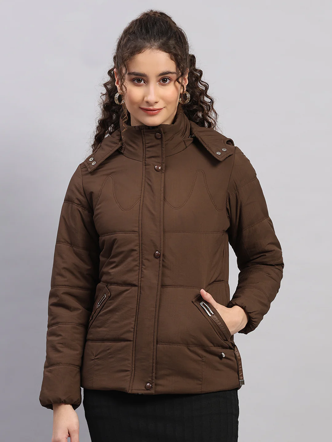 Women Brown Printed Hooded Full Sleeve Jacket