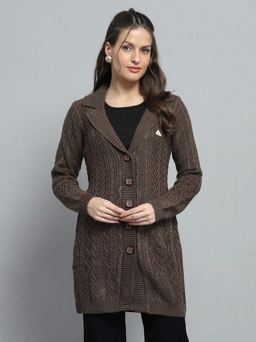 Women Brown Self Design Notch Lapel Collar Full Sleeve Cardigan