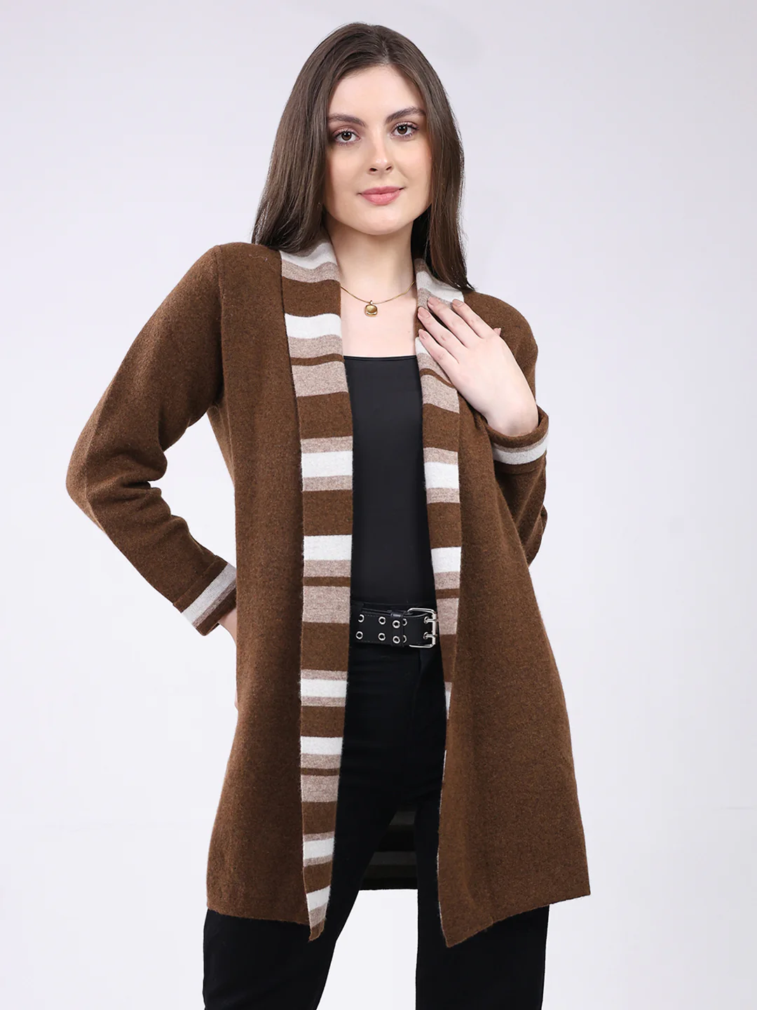 Women Brown Self Design Notch Lapel Collar Full Sleeve Cardigan