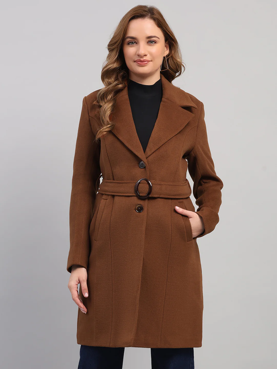 Women Brown Solid Collar Full Sleeve Coat