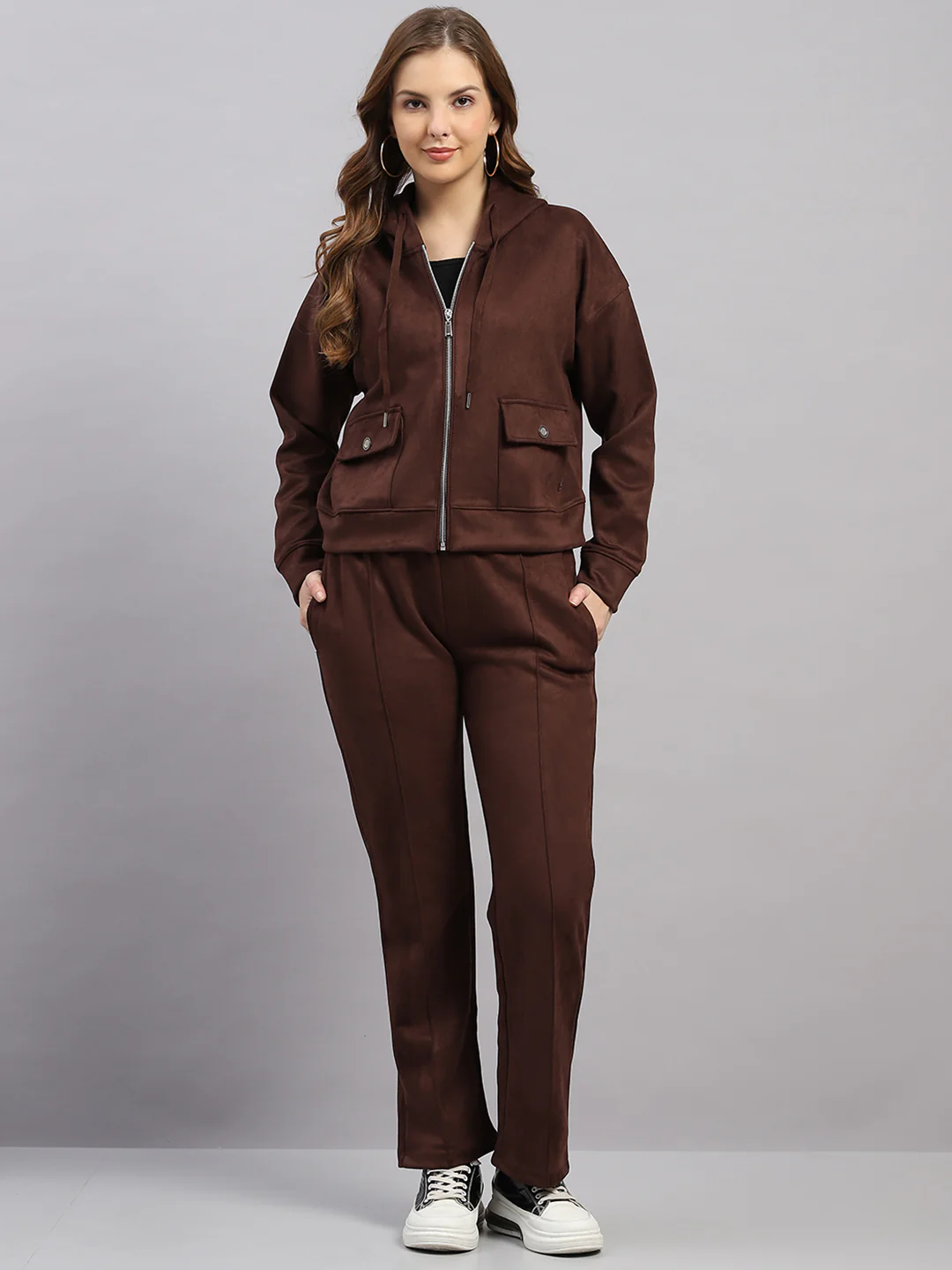 Women Brown Solid Hooded Full Sleeve Winter Tracksuit