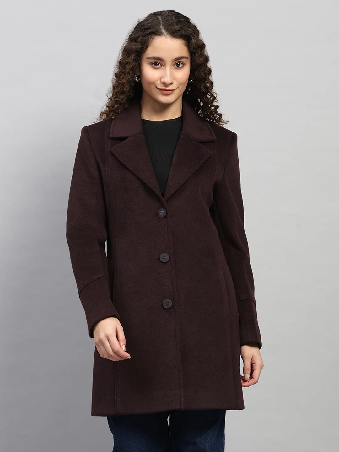 Women Burgundy Solid Collar Full Sleeve Coat