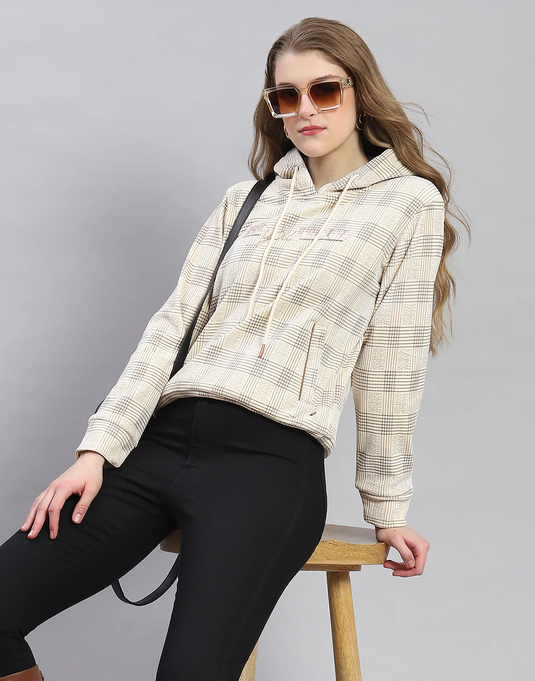 Women Cream Embroidered Hooded Full Sleeve Sweatshirt - Image 2