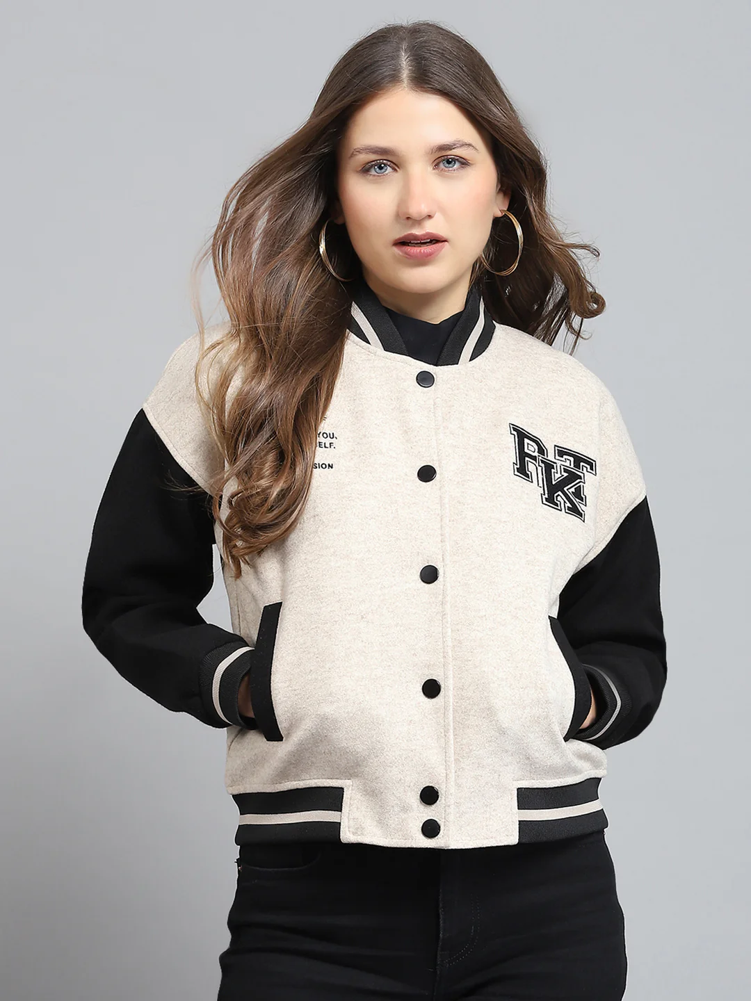 Rock.it Women Cream Printed Band Collar Full Sleeve Jacket