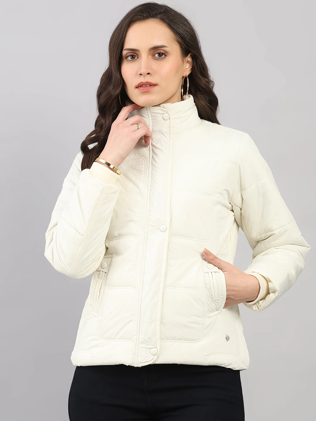 Women Cream Self Design Stand Collar Full Sleeve Jacket