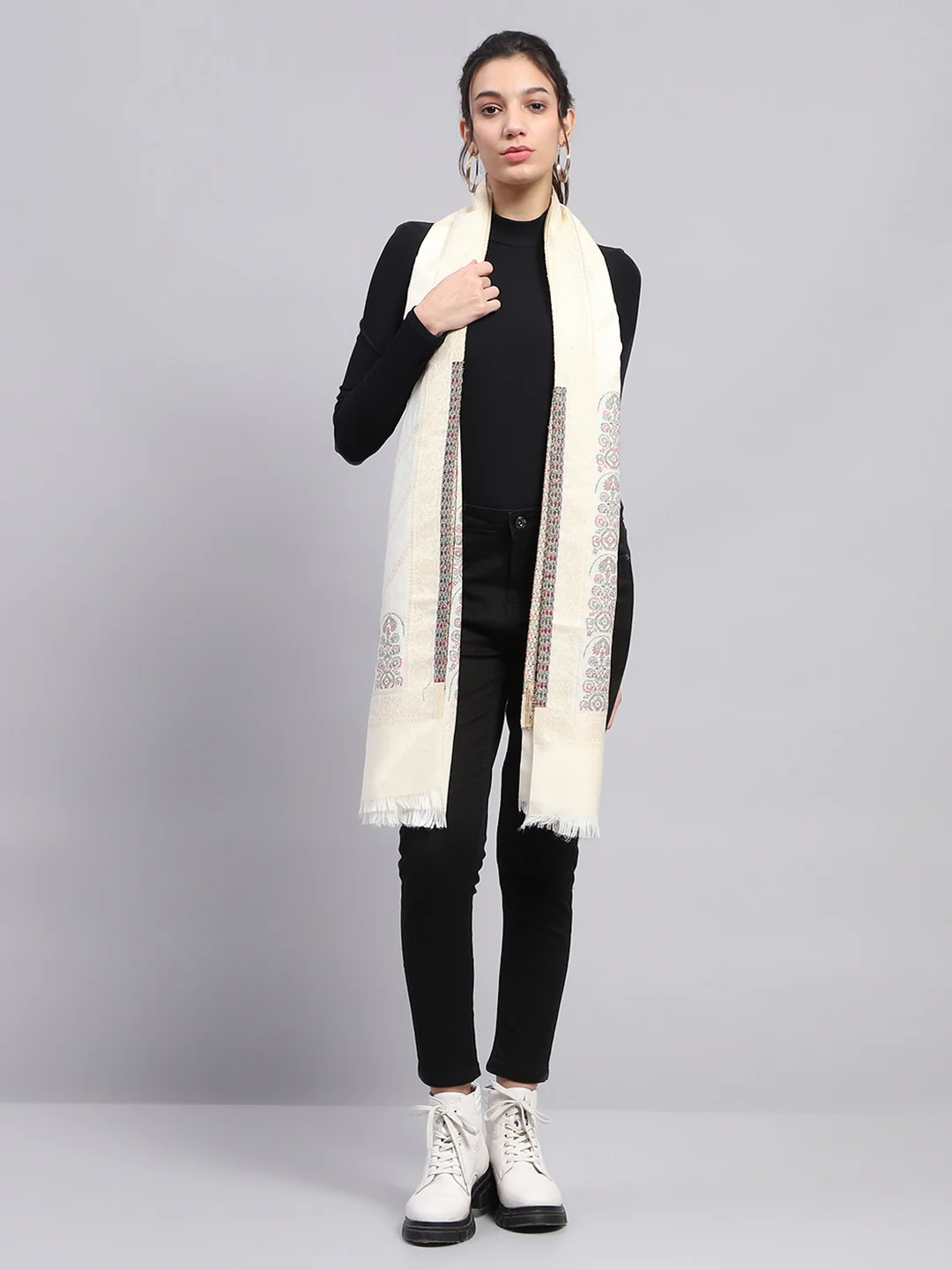 Women Cream Self Design Stole