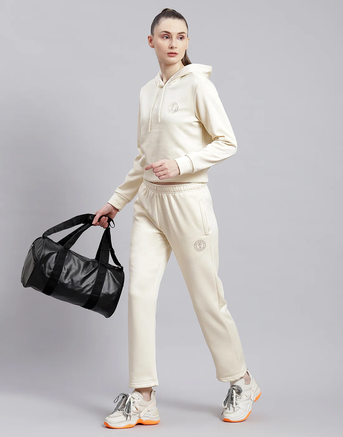Rock.it Women Cream Solid Hooded Full Sleeve Cords Set
