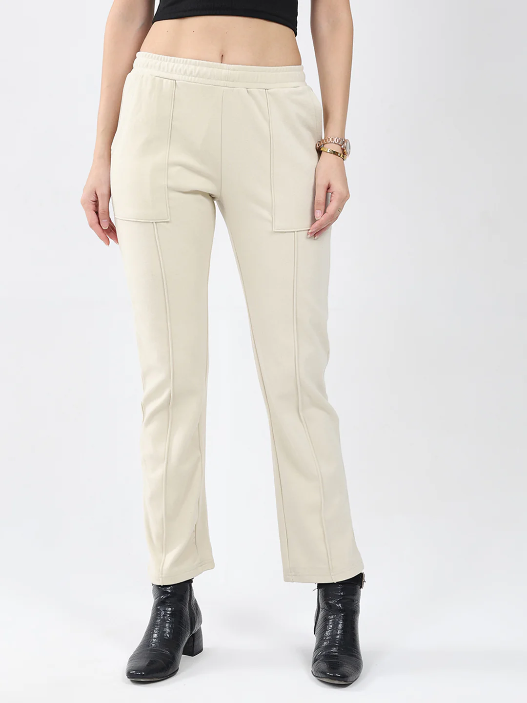 Women Cream Solid Regular Fit Winter Lower