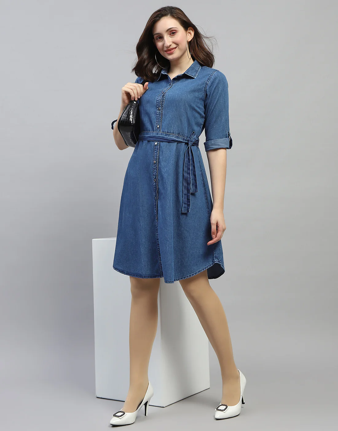 Women Dark Blue Solid Collar Neck 3/4 Sleeve Top