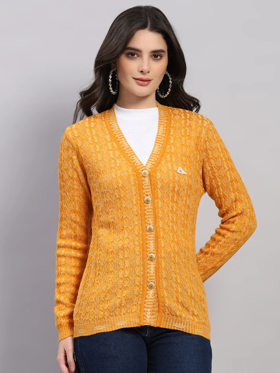 Women Golden Yellow Self Design V Neck Full Sleeve Cardigan