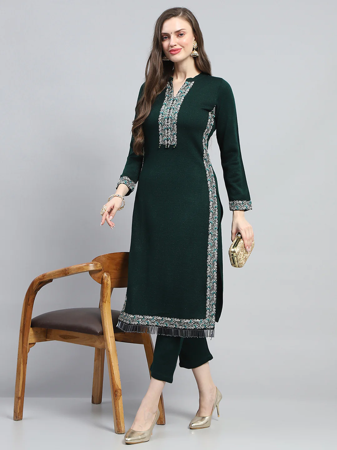 Women Green Embroidered Round Neck Full Sleeve Kurti Set for Winter - Image 2