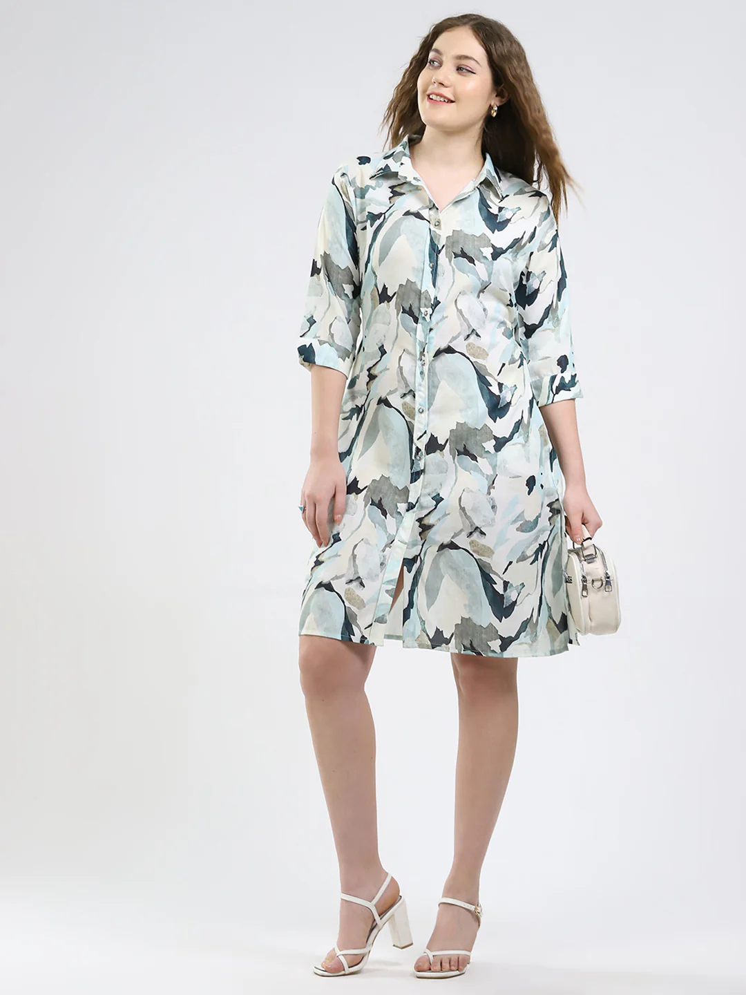 Women Green Printed Collar 3/4th Sleeve Dress - Image 2