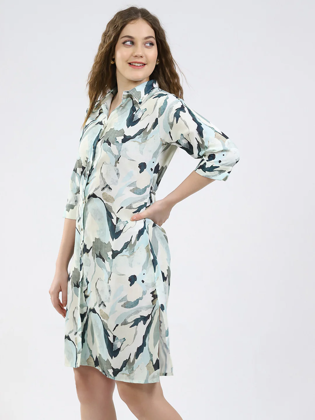 Women Green Printed Collar 3/4th Sleeve Dress - Image 3