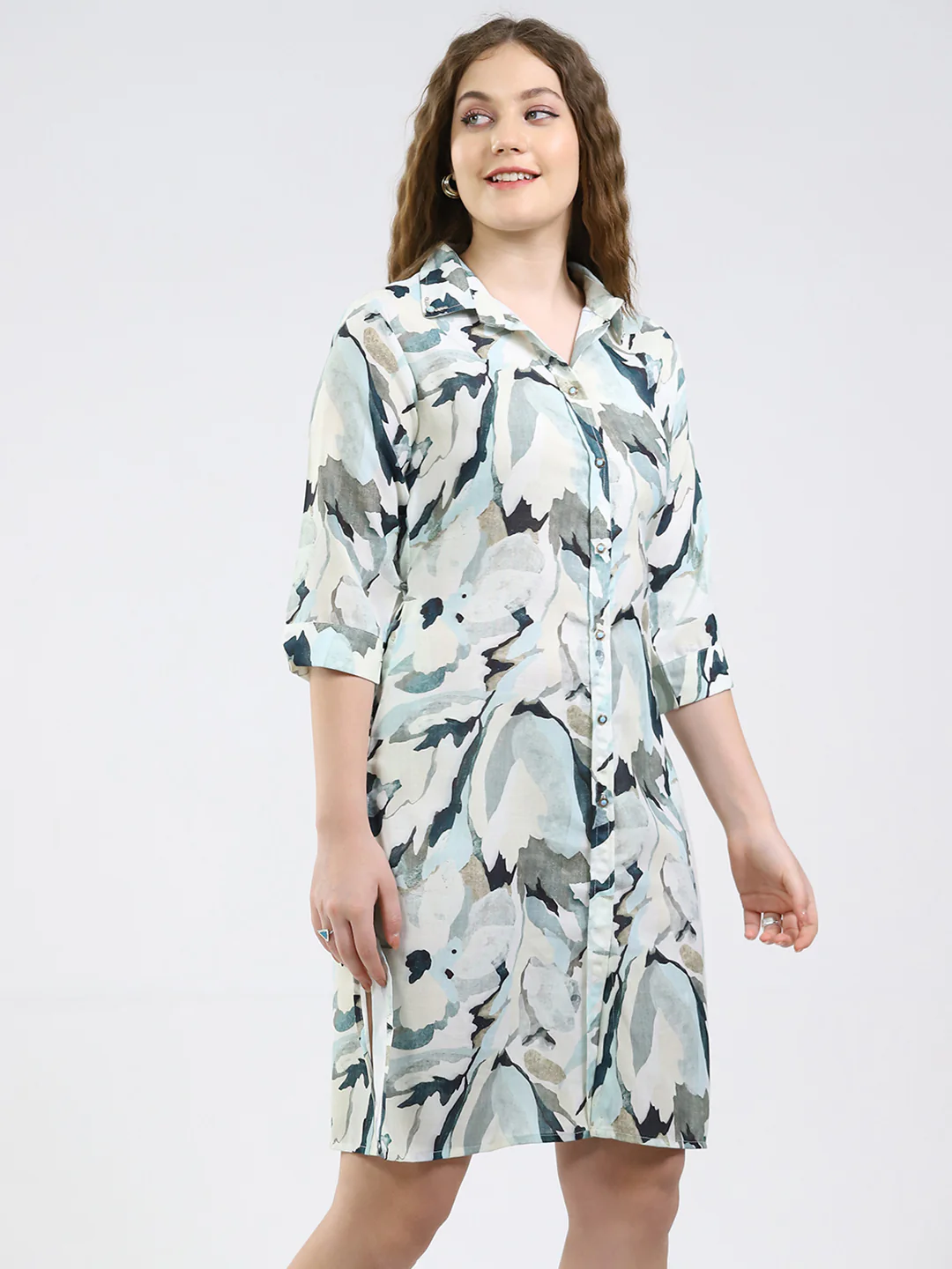 Women Green Printed Collar 3/4th Sleeve Dress - Image 4