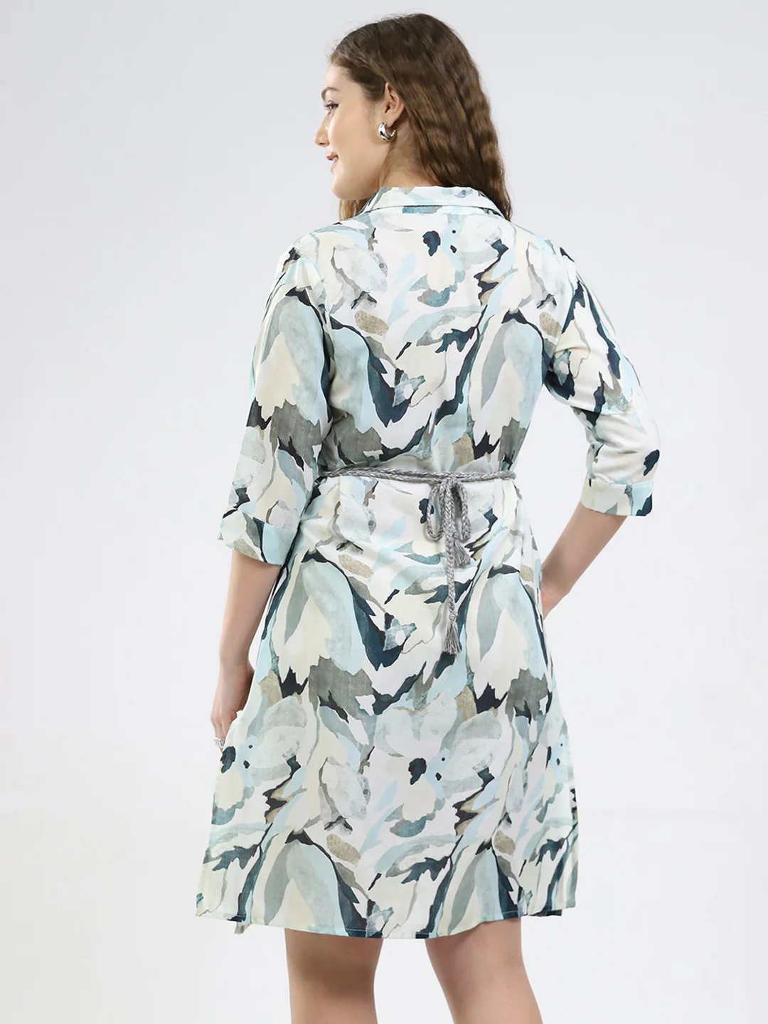 Women Green Printed Collar 3/4th Sleeve Dress - Image 5