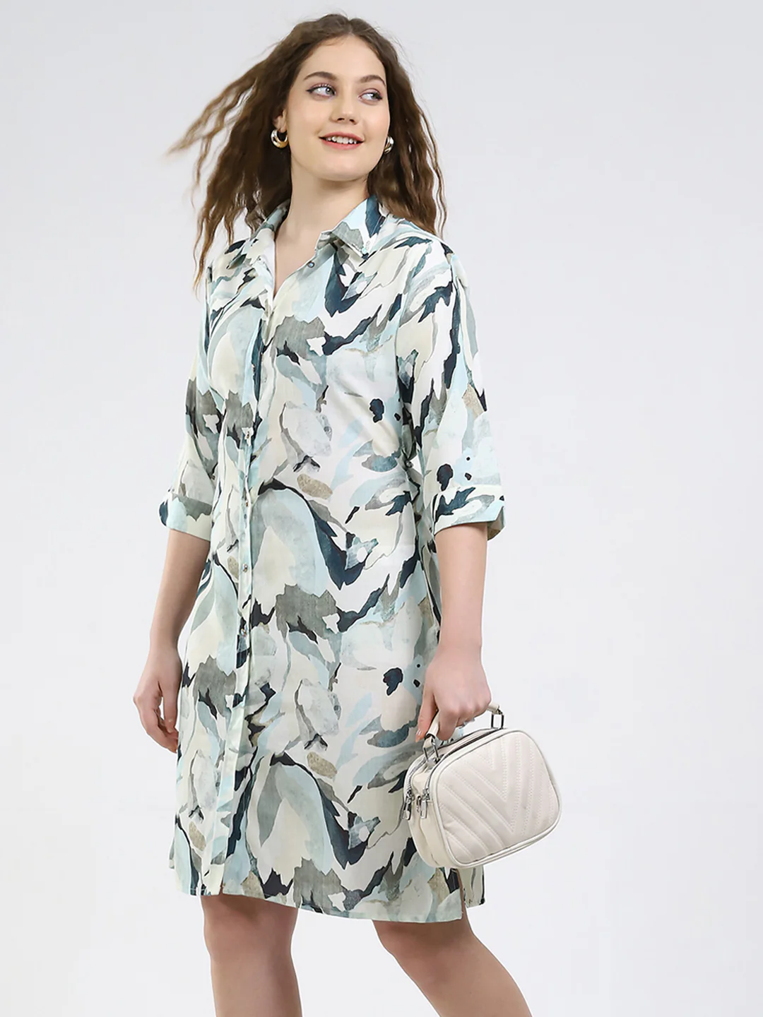 Women Green Printed Collar 3/4th Sleeve Dress - Image 6