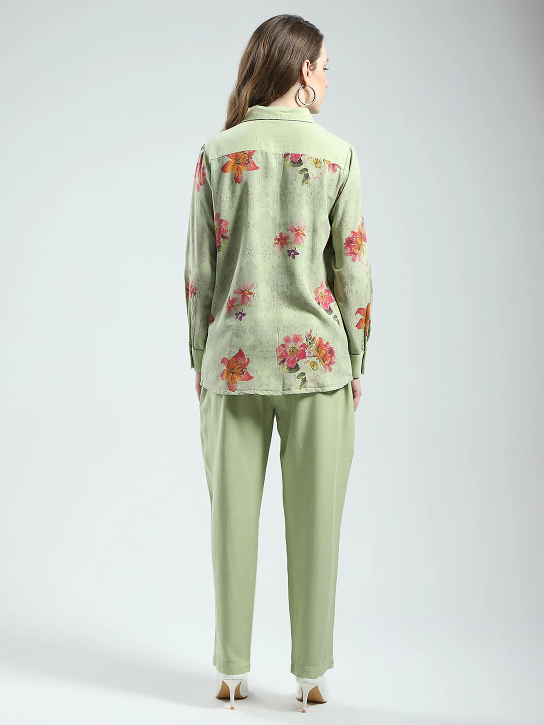 Women Green Printed Collar Full Sleeve Cords Set - Image 5