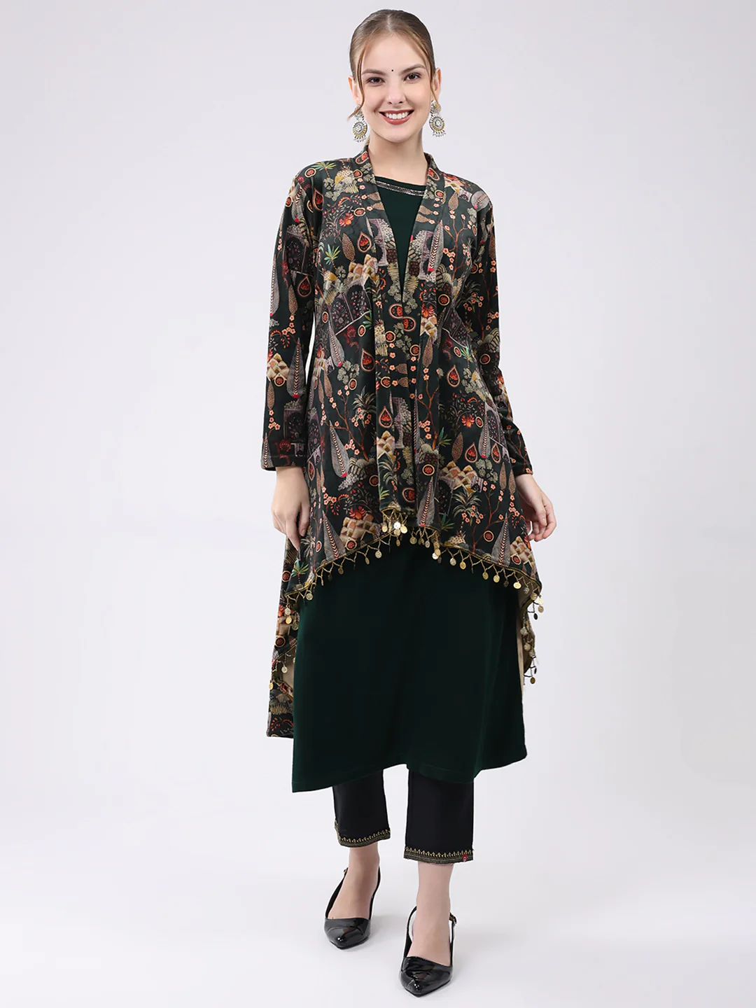 Women Green Printed Round Neck Sleeveless Kurti with Shrug (2 Pc set)