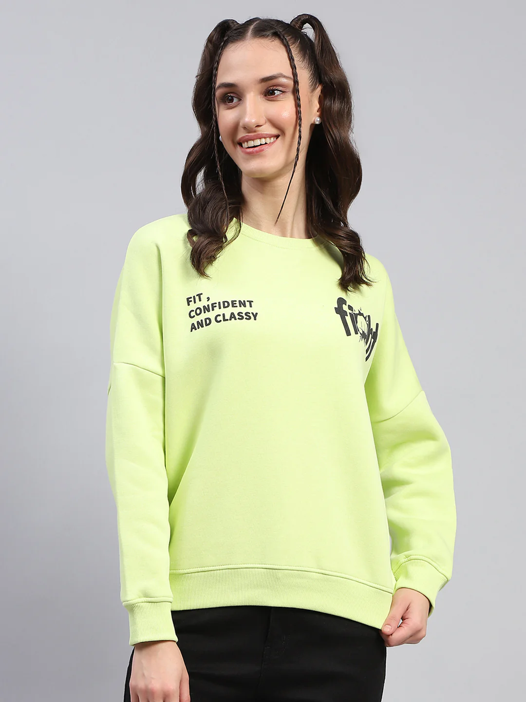 Rock.it Women Green Printed Round Neck Full Sleeve Sweatshirt