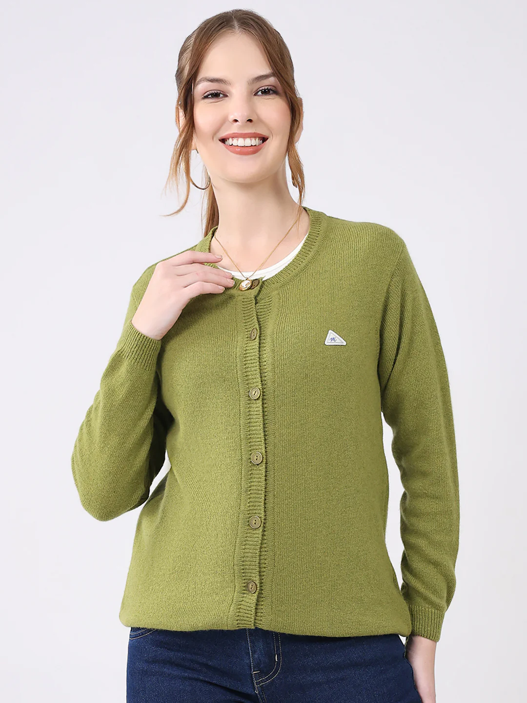Women Green Solid Round Neck Full Sleeve Cardigan