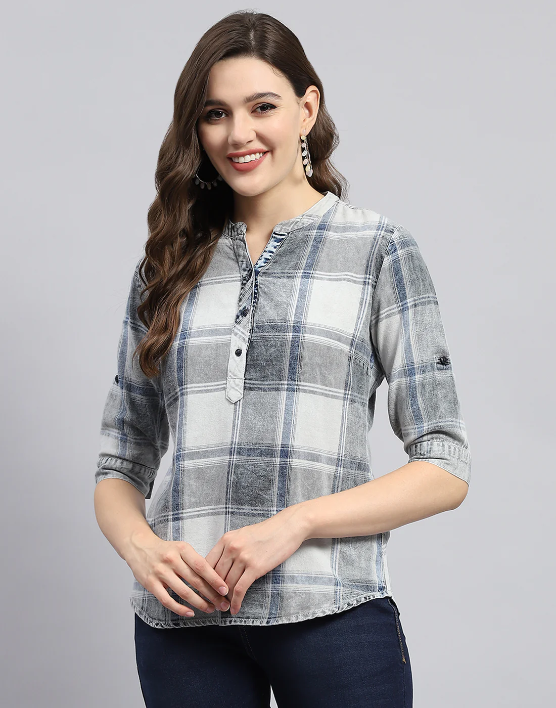Women Grey Check Mandarin Neck Half Sleeve Top