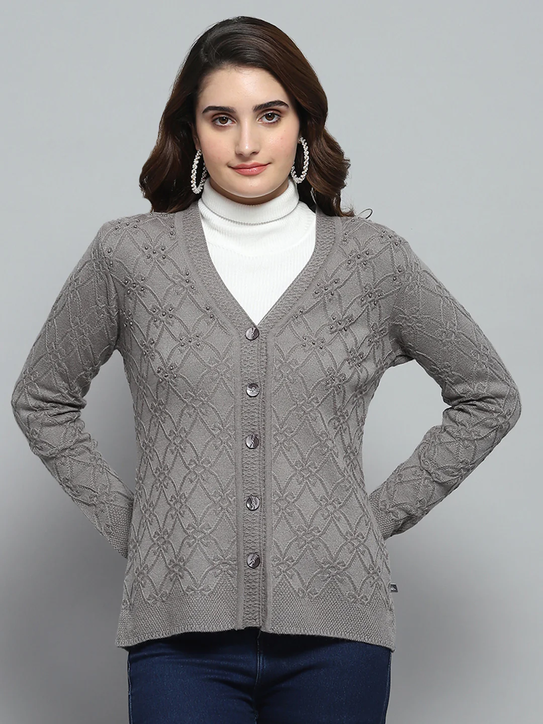 Women Grey Self Design V Neck Full Sleeve Cardigan