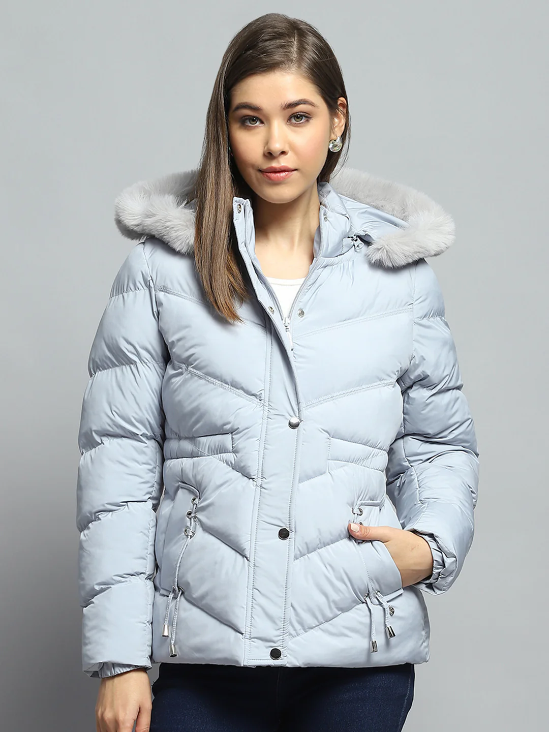 Women Grey Solid Detachable Hood Full Sleeve Jacket