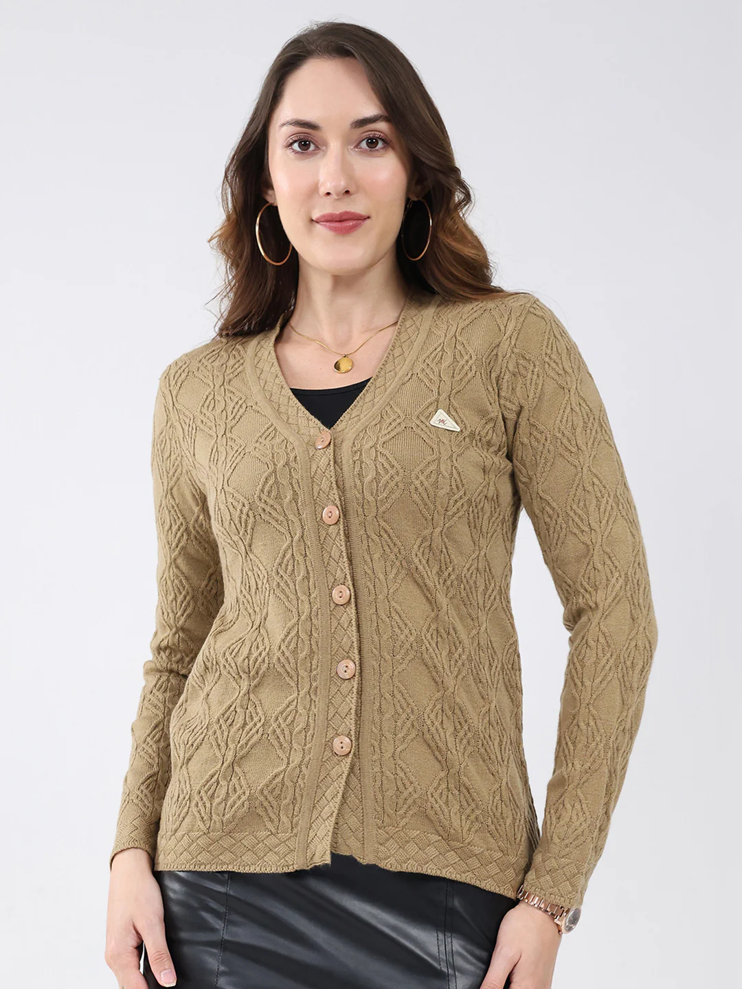 Women Khaki Self Design V Neck Full Sleeve Cardigan